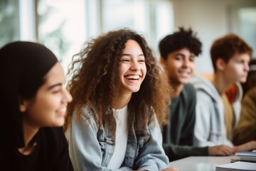 Smiling high school students in class