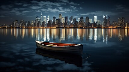 beautiful night landscape, rowboat in the sea and on the horizon the big city