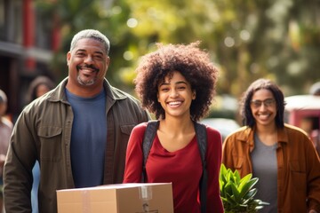 Smiling young college students moving into dorm