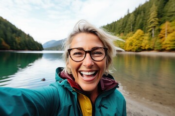Smiling middle aged woman taking selfie lakeside