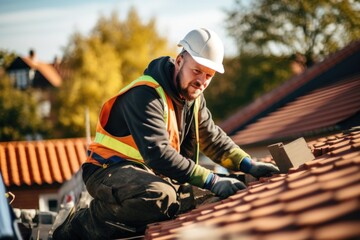 Portrait of a construction worker on home roof laying tiles