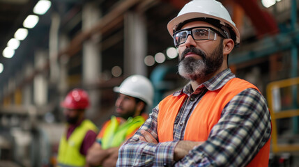 Group of construction workers in a manufacturing setting, with a focus on a bearded man in the foreground - obrazy, fototapety, plakaty