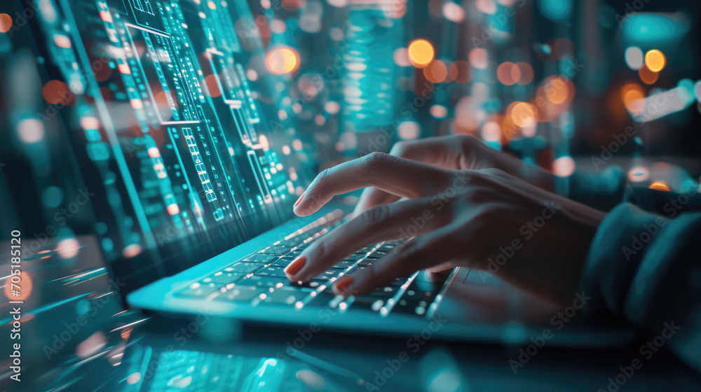 Canvas Prints close-up of a person's hands typing on a laptop keyboard, with the screen displaying futuristic digi