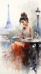 Young woman in red dress sitting at a cafe table in Paris