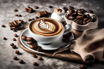Zelfklevend Fotobehang A high-definition image of an espresso shot, featuring rich crema and an intricately designed coffee cup, embodying the essence of coffee craftsmanship © Muhammad