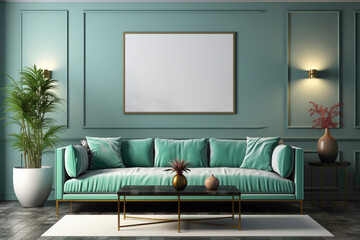 Picture an elegant space featuring a mint-colored sofa and a stylish table against an empty blank frame, creating a sophisticated area for customizable text.