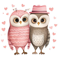 Kawaii Love Owl Couple, Valentine Watercolor Clipart