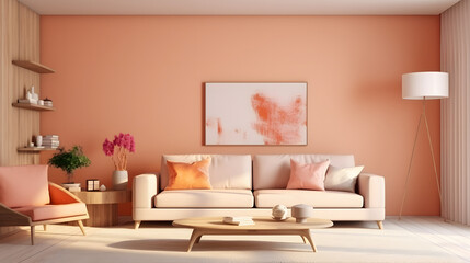 Modern living room interior of the room in peach fuzz colors. The design of a spacious bright house in a velvety delicate shade of peach tone.