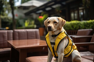 Labrador service dog in yellow vest seated outdoors at a wooden table