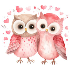 Obraz premium Kawaii Love Owl Couple, Valentine Watercolor Clipart