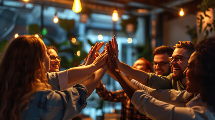 Colleagues are giving each other a high five in an office setting, with big smiles on their faces, indicating a celebration or success.