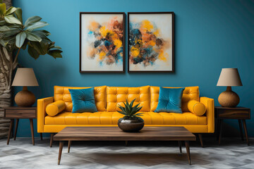 Picture the lively ambiance of a space featuring blue and yellow sofas arranged around a wooden table against a blank wall. 