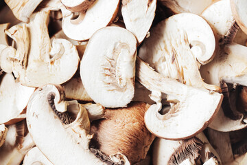 Mushroom background. Champignons texture. Champignon cut sliced in pieces. Vegetable cross section....