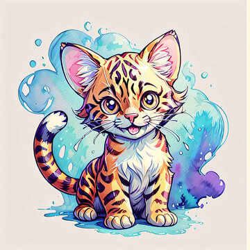 Cute Little Bengal Cat with Splash Art Illustration