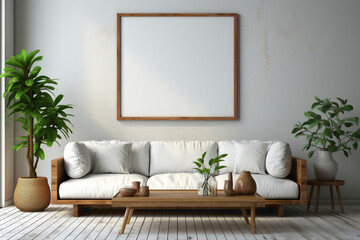 Picture the possibilities in a simple living room setting. See a blank, empty frame awaiting your personal touch as it enhances the serene ambiance of a minimalist interior.
