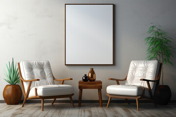 Showcase elegance with two simple chairs and a table against a solid wall, complemented by a blank empty white frame for your custom text or branding.