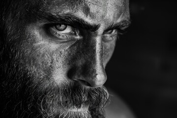 A close-up of a man with a rugged beard and intense eyes, in a black and white artistic portrait
