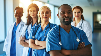 Diverse group of medical professionals, with a doctor in a white lab coat and stethoscope at the forefront, smiling at the camera.