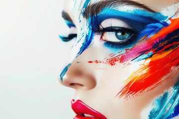 Artistic portrait of a woman with abstract makeup, white background
