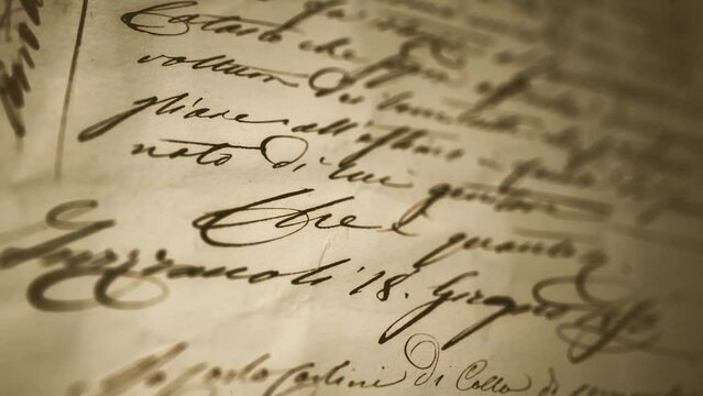 Old Retro Handwritten Letter Background/ 4k motion graphics of an ancient vintage 1800s background with ink pen manuscript letter close up and depth of blur and grain texture effects