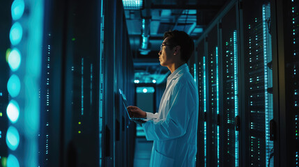 Focused IT professional using a laptop while standing in a server room with racks of network equipment illuminated by blue lights