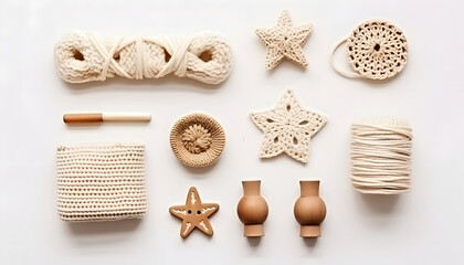 colorful wooden and knitting eco toys for baby activity, motor and sensory development on white table top view