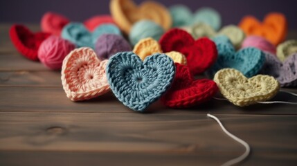 A multicolored crochet hearts on the table
