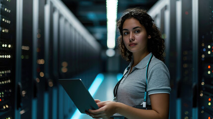 Focused IT professional using a laptop while standing in a server room with racks of network equipment illuminated by blue lights