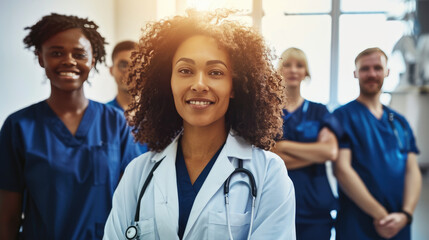 Diverse group of medical professionals, with a doctor in a white lab coat and stethoscope at the forefront, smiling at the camera. - obrazy, fototapety, plakaty
