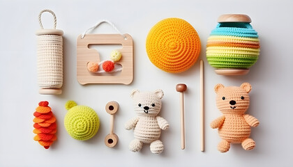 colorful wooden and knitting eco toys for baby activity, motor and sensory development on white table top view - obrazy, fototapety, plakaty