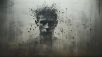 Double exposure image. Lonely young man on a gray wall. Concept of thoughts in my head - obrazy, fototapety, plakaty