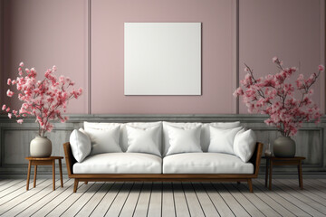 Step into a realm of design possibilities. Envision a simple living room mockup featuring an empty frame, ready to host your creative expressions against the backdrop of understated elegance.