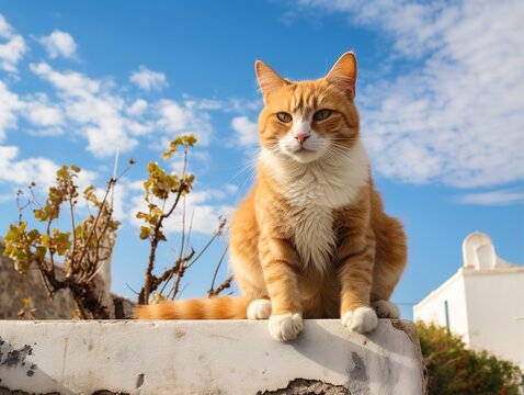 Ginger cat sitting on a wall in Santorini, Greece