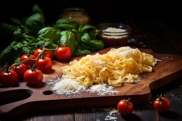 fresh homemade spaghetti pasta on wooden board with cherry tomatoes. Italian cuisine. 