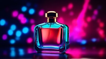 Obraz na płótnie Canvas International Fragrance Day March 21. Closeup luxury designed Perfume bottle isolated on neon background with copy space for text. Product Photography concept. Perfume bottle luxury design for logo