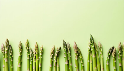 Heap of fresh asparagus on pastel light green background top view