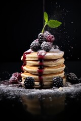 vegan pancakes with fresh blackberry berries on black background with sugar powder falling on them looking like snow. Winter breakfast christmas concept.