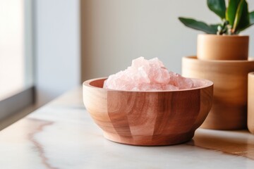 pink himalayan salt in marble small bamboo wooden bowl at minimal kitchen with beige wall background