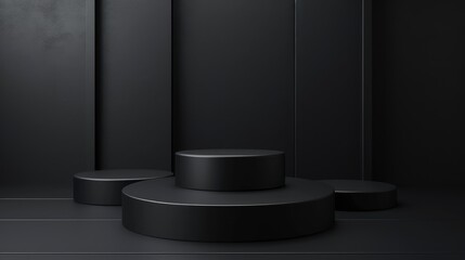 3d render abstract black background with empty stage Cylinder podium display, showcase for product presentation
