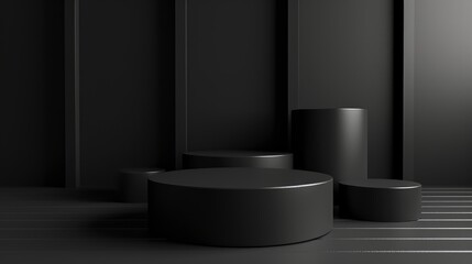 3d render abstract black background with empty stage Cylinder podium display, showcase for product presentation