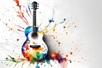 A watercolor guitar adorned with vibrant color splashes takes center stage against a pristine white...