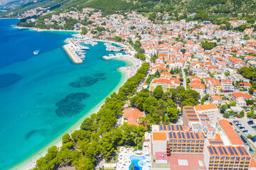 Aerial view of town of Baska Voda, Makarska riviera, Dalmatia, Croatia