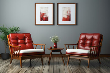 Step into a room with two chairs in a chic combination of brown, white, and red, situated against a blank wall with an empty frame. 