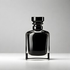 International Fragrance Day March 21. Closeup Black Perfume bottle isolated on white background with copy space for text. Product Photography concept. Perfume bottle luxury design for banner, poster