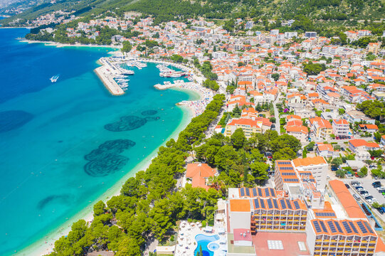 Aerial view of town of Baska Voda, Makarska riviera, Dalmatia, Croatia