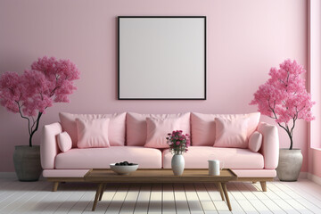 Step into a serene living space with a soft color pink sofa and a suitable table, framed against an empty backdrop for your personalized text.