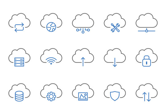 Set of 15 line icons related to data exchange, traffic, files, cloud, server. Outline icon collection.. Vector illustration