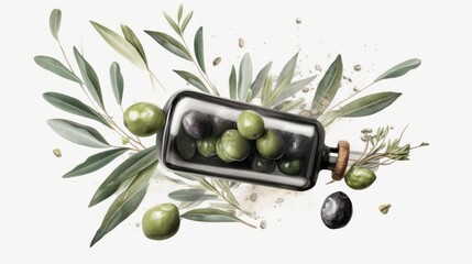 illustration of a bottle with olive oil and some olives.AI generated. - obrazy, fototapety, plakaty