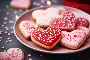 Decorated heart shaped cookies on the plate close up