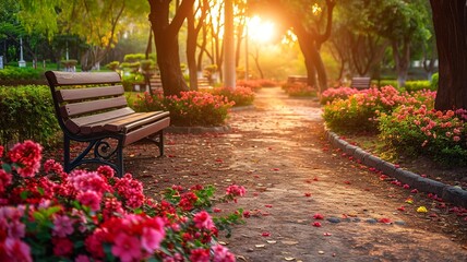 Sunset View in Blossoming Park with Bench